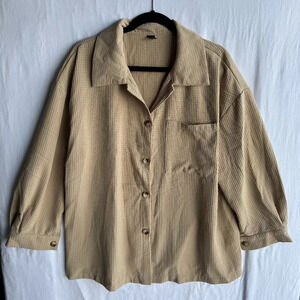 Oversized Beige Textured Button-Up Shirt With Chest Pocket